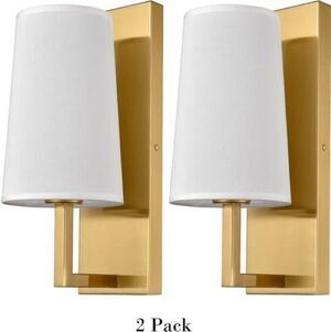 (NEW) (NEW) Gold Wall Sconces Set of Two 13”x5” Mid-Century Modern Fabric Shades